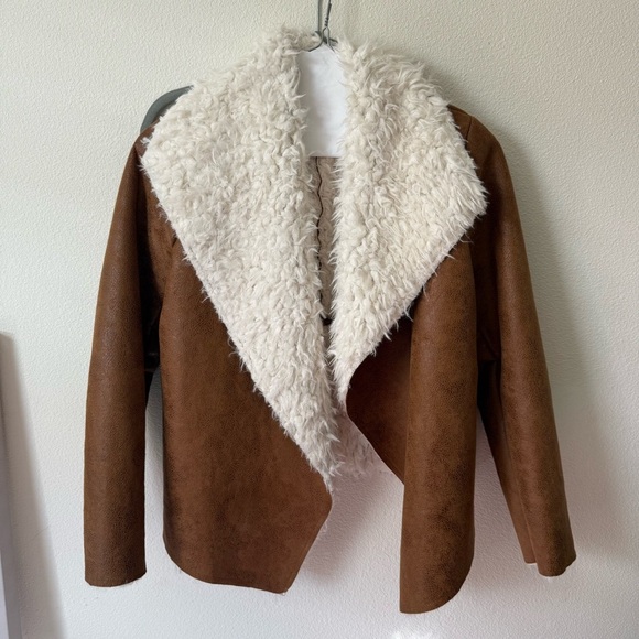 Cream Collar Brown Teddy Jacket Open Front - Picture 1 of 4
